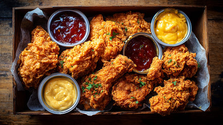 Crispy fried chicken wings with sauces in rustic wooden boxの素材