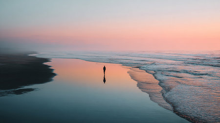 Silhouette of a man on the beach at sunset. Long exposureの素材
