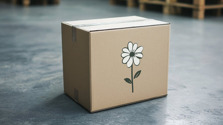 Cardboard box with a flower printed on it. 3d renderingの素材