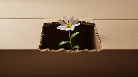 White daisy in a cardboard box on a brown background, close-upの素材