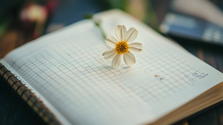 Notebook with a flower on a wooden table. Close-upの素材