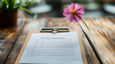 Clipboard with wedding invitation and pink flower on wooden table.の素材