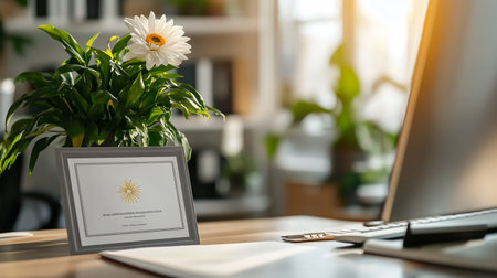 Workplace with laptop, notebook and daisy flower in modern officeの素材