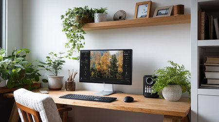 Workplace with computer on table in modern home office. 3d renderingの素材