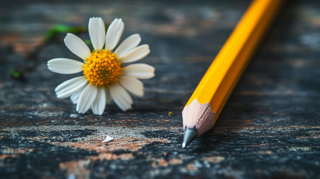 Pencil and chamomile on wooden background. Selective focus.の素材