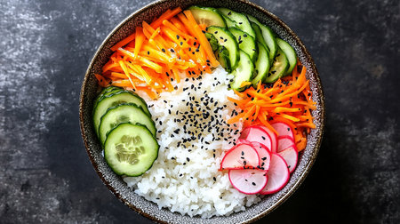 Bowl of rice with vegetables on dark background. Healthy food conceptの素材