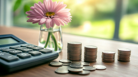 Coins stacked on each other with calculator and pink flower in vase on wooden table.の素材