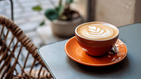 Coffee cup with latte art on wooden table in coffee shopの素材