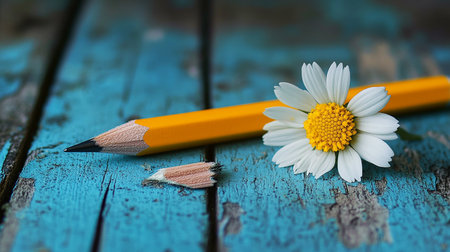 Pencil and daisy flower on old blue wooden table background.の素材