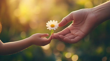 Mother and child hands holding a daisy flower in the sunlight.の素材