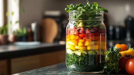Mason jar of fresh vegetable salad on table in kitchen, closeupの素材