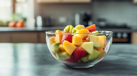 Fresh fruit salad in glass bowl on table in kitchen, closeupの素材