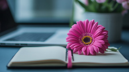 Pink gerbera flower with notebook and laptop in the background.の素材