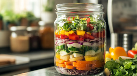 Vegetable salad in a glass jar on the table in the kitchenの素材