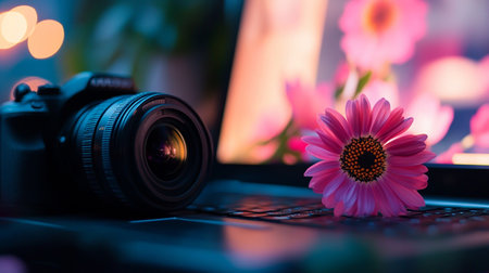 Laptop computer with pink flower and bokeh background, vintage toneの素材