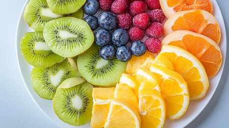 Fruit salad on white plate, close up. Fresh fruits on white table.の素材