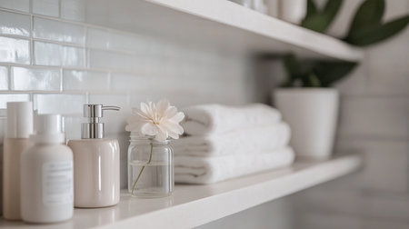 Beautiful spa composition on shelf in bathroom, closeup. Space for textの素材