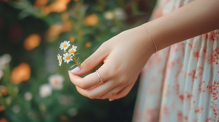 Chamomile flowers in the hands of a girl in a dressの素材
