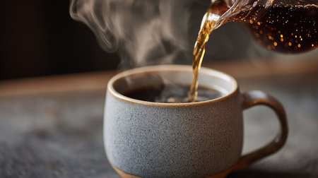 Pouring hot coffee in a cup on wooden table, close upの素材
