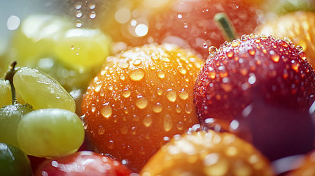 Water drops on fresh fruits, close up. Selective focus.の素材