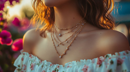 Close-up of beautiful young woman with jewelry on her neck.の素材