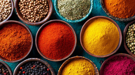 Colorful spices in bowls on turquoise background, top viewの素材