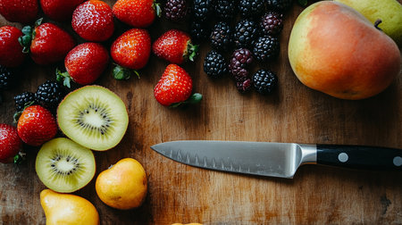 Fruits and berries on wooden background, top view, copy spaceの素材