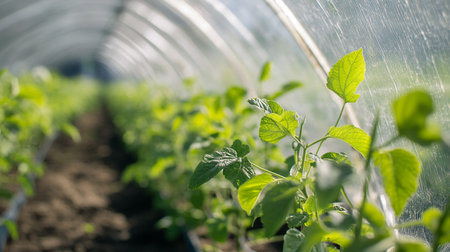 Pepper seedlings growing in a greenhouse. Selective focus.の素材
