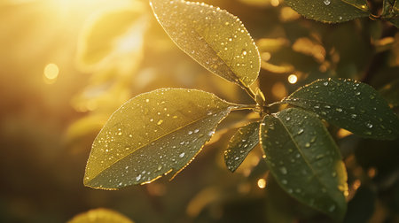 Green leaves with dew drops in the morning sunlight. Nature backgroundの素材