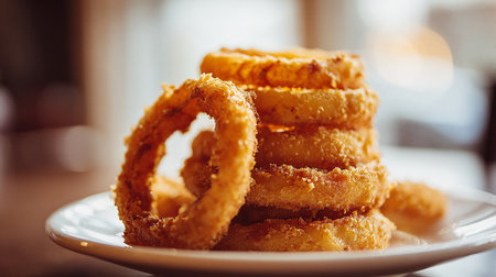 Fried onion rings on a white plate in a cafe or restaurantの素材