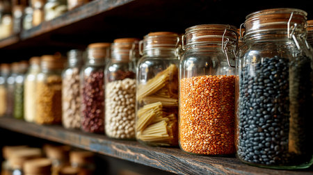 Assortment of beans in glass jars on wooden shelves in pantryの素材