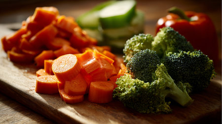 Chopped carrots and broccoli on a cutting board. Selective focus.の素材