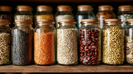 Different types of beans in glass jars on wooden shelves, closeupの素材