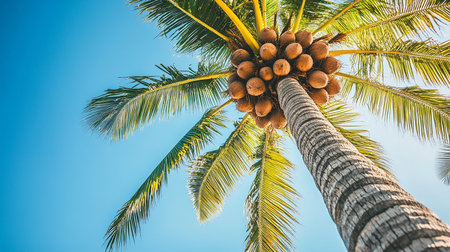 Coconut palm tree with blue sky background - vintage filter effectの素材