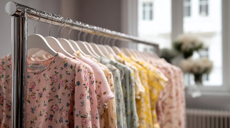 Clothes hang on a hanger in a fashion store. Shallow depth of fieldの素材