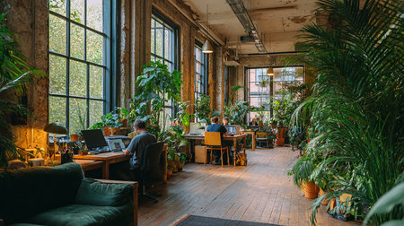 Coffee shop interior with green plants and people working on computersの素材