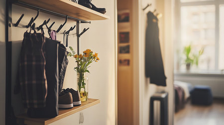 Closet with clothes and flowers in modern dressing room. Fashion and style conceptの素材