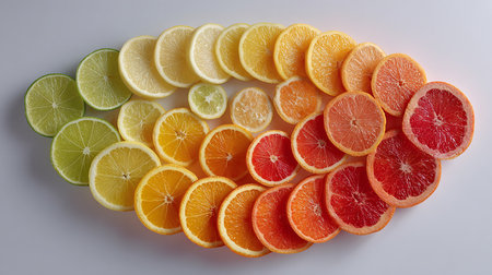 Slices of different citrus fruit on white background, top viewの素材