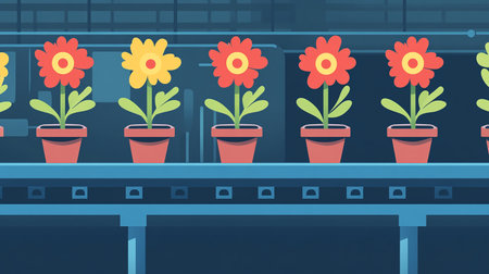 Flowers in pots on the conveyor belt. Vector illustration.の素材