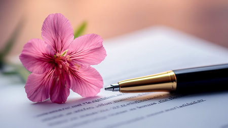 Pen and contract with pink flower on blurred background, close-upの素材