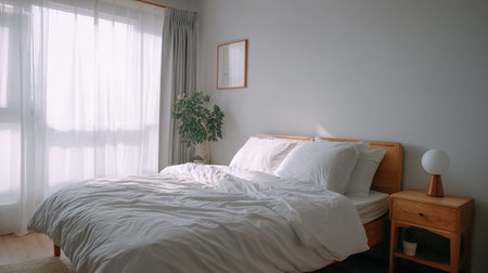 Interior of a hotel bedroom with white linens and pillowsの素材