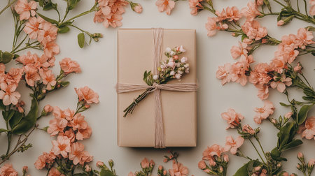 Flowers composition. Gift box and flowers on pastel background. Flat lay, top view, copy spaceの素材