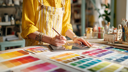 Close-up of a young female artist working in her studio.の素材