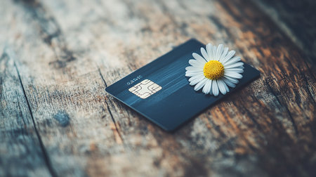 Credit card with chamomile flower on old wooden background.の素材
