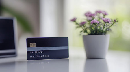 Credit card on the table with laptop and flower in the background.の素材