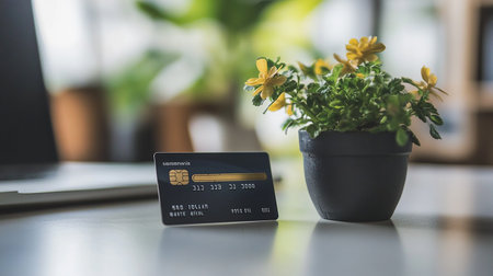 Credit card and laptop on the table, credit card payment concept.の素材