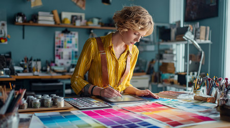 Female fashion designer working on a new collection of clothes in her studioの素材