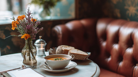 Cup of soup on a table in a cafe with bread and flowersの素材