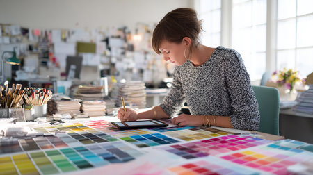 Portrait of young female fashion designer working on her designs in the studioの素材
