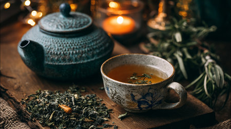 Cup of green tea and teapot on a wooden tableの素材